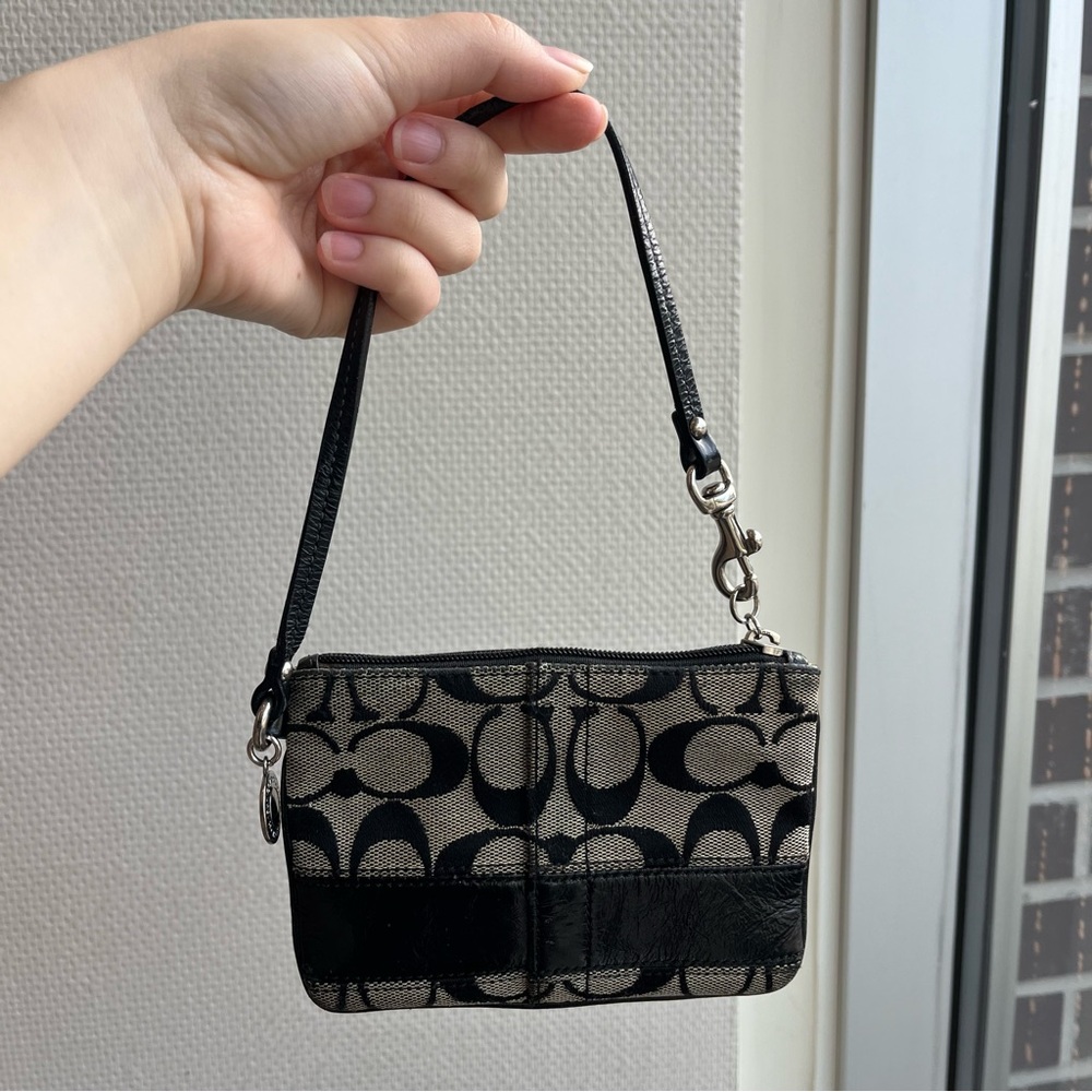 Coach Legacy Logo Signature Leather Stripe Black Canvas Wristlet!